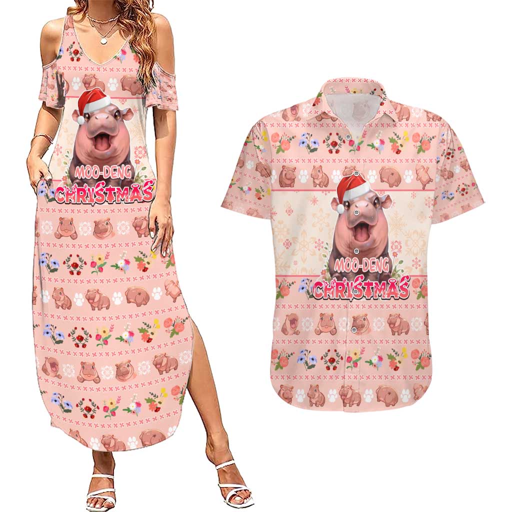 Moodeng Christmas Couples Matching Summer Maxi Dress and Hawaiian Shirt Cute Hippo Holiday with Pastel Floral Festive Vibes - Wonder Print Shop