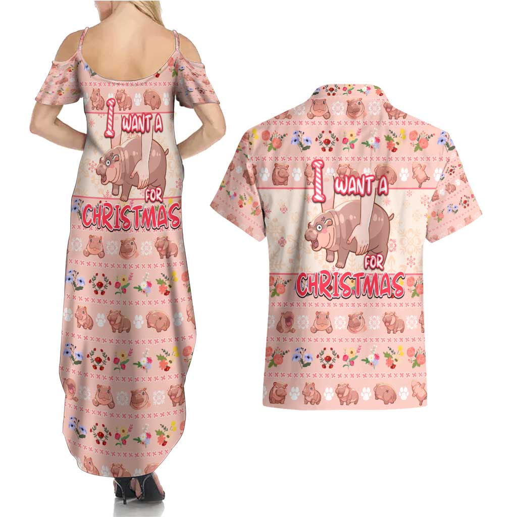 Moodeng Christmas Couples Matching Summer Maxi Dress and Hawaiian Shirt Cute Hippo Holiday with Pastel Floral Festive Vibes - Wonder Print Shop