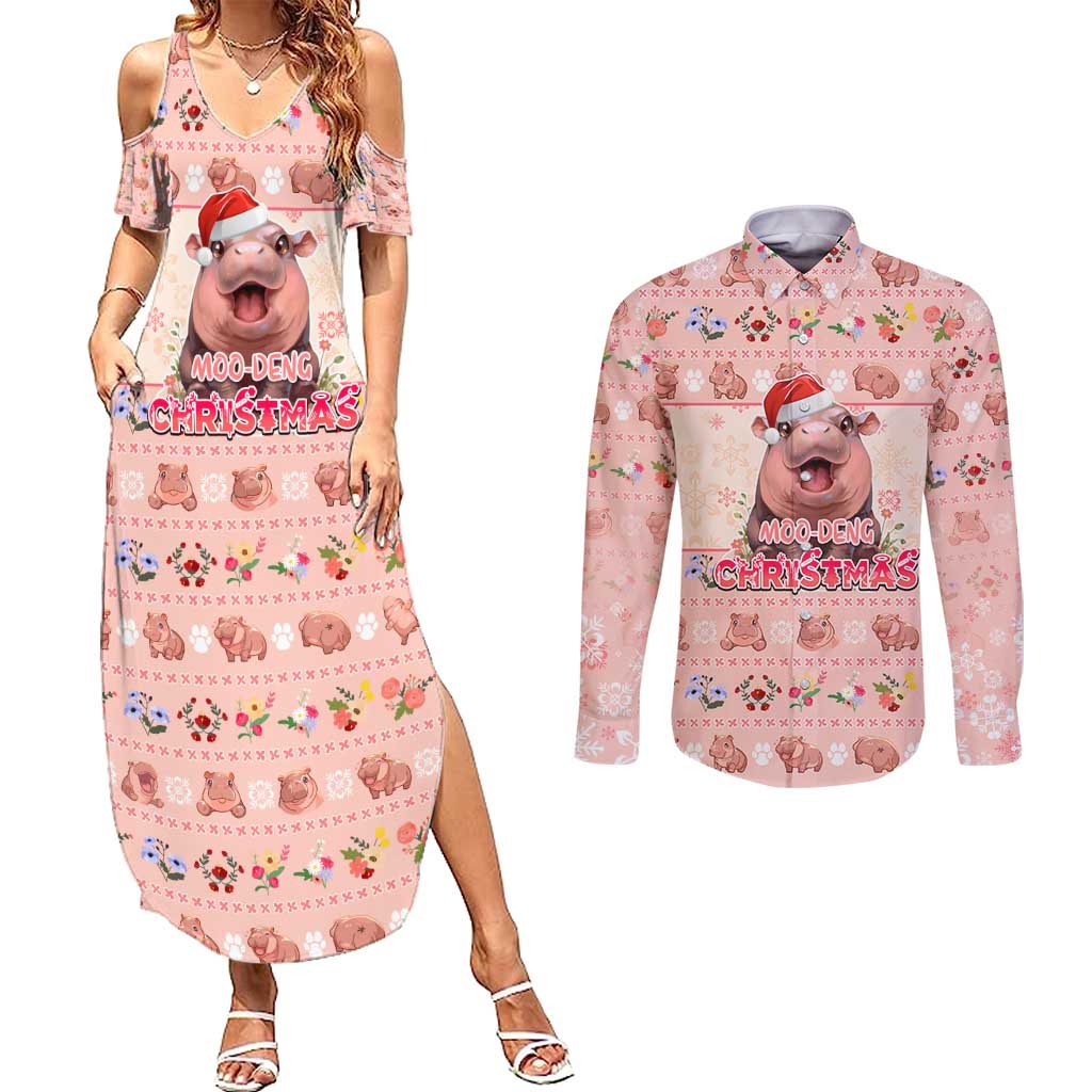 Moodeng Christmas Couples Matching Summer Maxi Dress and Long Sleeve Button Shirt Cute Hippo Holiday with Pastel Floral Festive Vibes - Wonder Print Shop