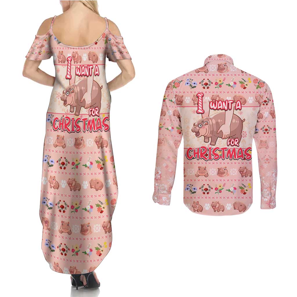 Moodeng Christmas Couples Matching Summer Maxi Dress and Long Sleeve Button Shirt Cute Hippo Holiday with Pastel Floral Festive Vibes - Wonder Print Shop
