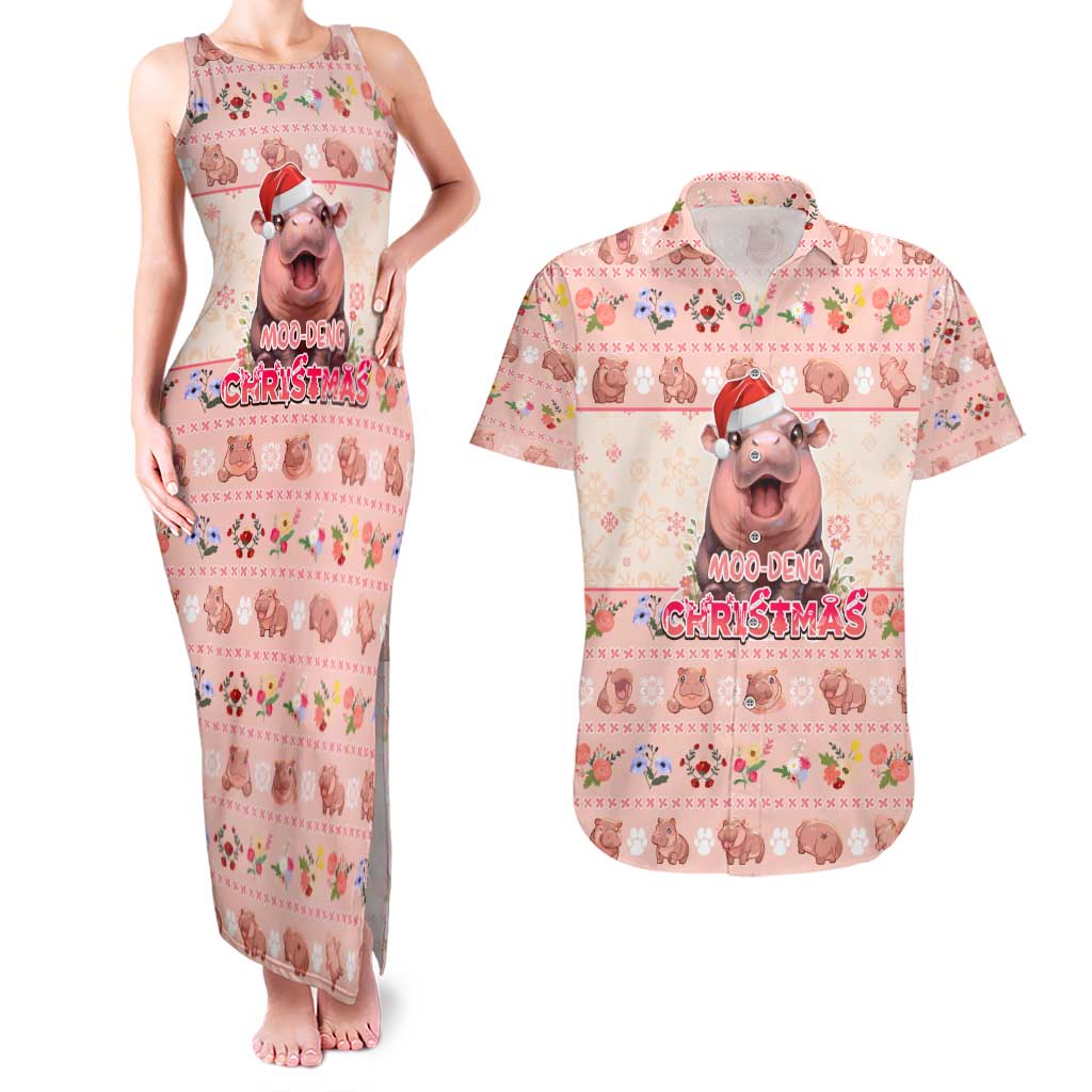 Moodeng Christmas Couples Matching Tank Maxi Dress and Hawaiian Shirt Cute Hippo Holiday with Pastel Floral Festive Vibes - Wonder Print Shop