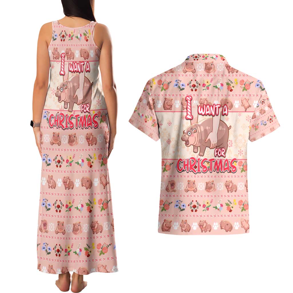 Moodeng Christmas Couples Matching Tank Maxi Dress and Hawaiian Shirt Cute Hippo Holiday with Pastel Floral Festive Vibes - Wonder Print Shop