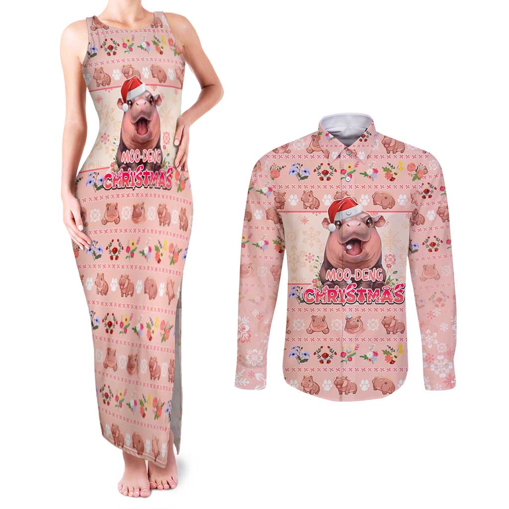 Moodeng Christmas Couples Matching Tank Maxi Dress and Long Sleeve Button Shirt Cute Hippo Holiday with Pastel Floral Festive Vibes - Wonder Print Shop