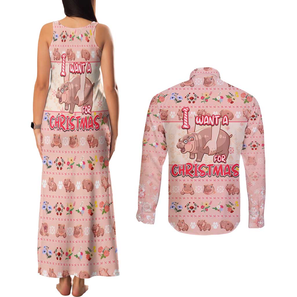 Moodeng Christmas Couples Matching Tank Maxi Dress and Long Sleeve Button Shirt Cute Hippo Holiday with Pastel Floral Festive Vibes - Wonder Print Shop