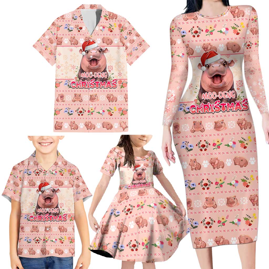 Moodeng Christmas Family Matching Long Sleeve Bodycon Dress and Hawaiian Shirt Cute Hippo Holiday with Pastel Floral Festive Vibes - Wonder Print Shop