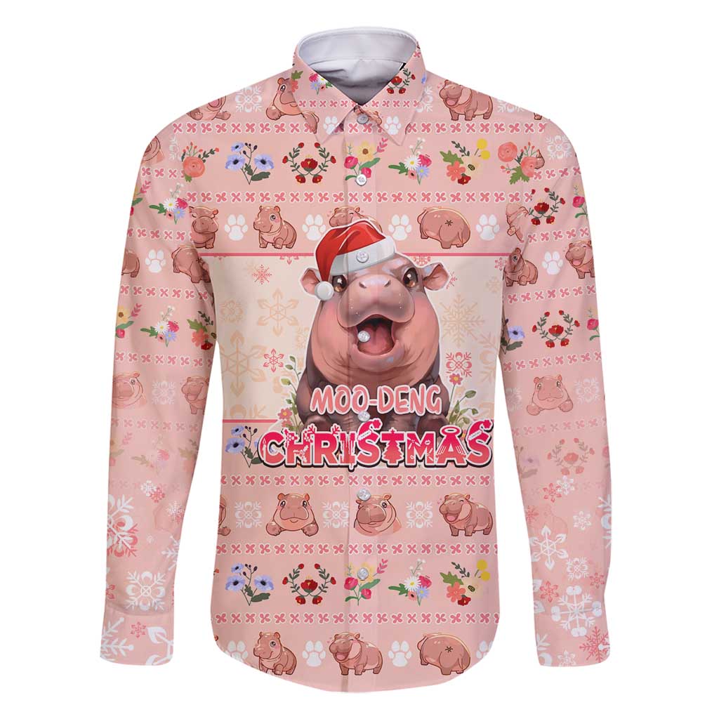 Moodeng Christmas Family Matching Long Sleeve Bodycon Dress and Hawaiian Shirt Cute Hippo Holiday with Pastel Floral Festive Vibes - Wonder Print Shop