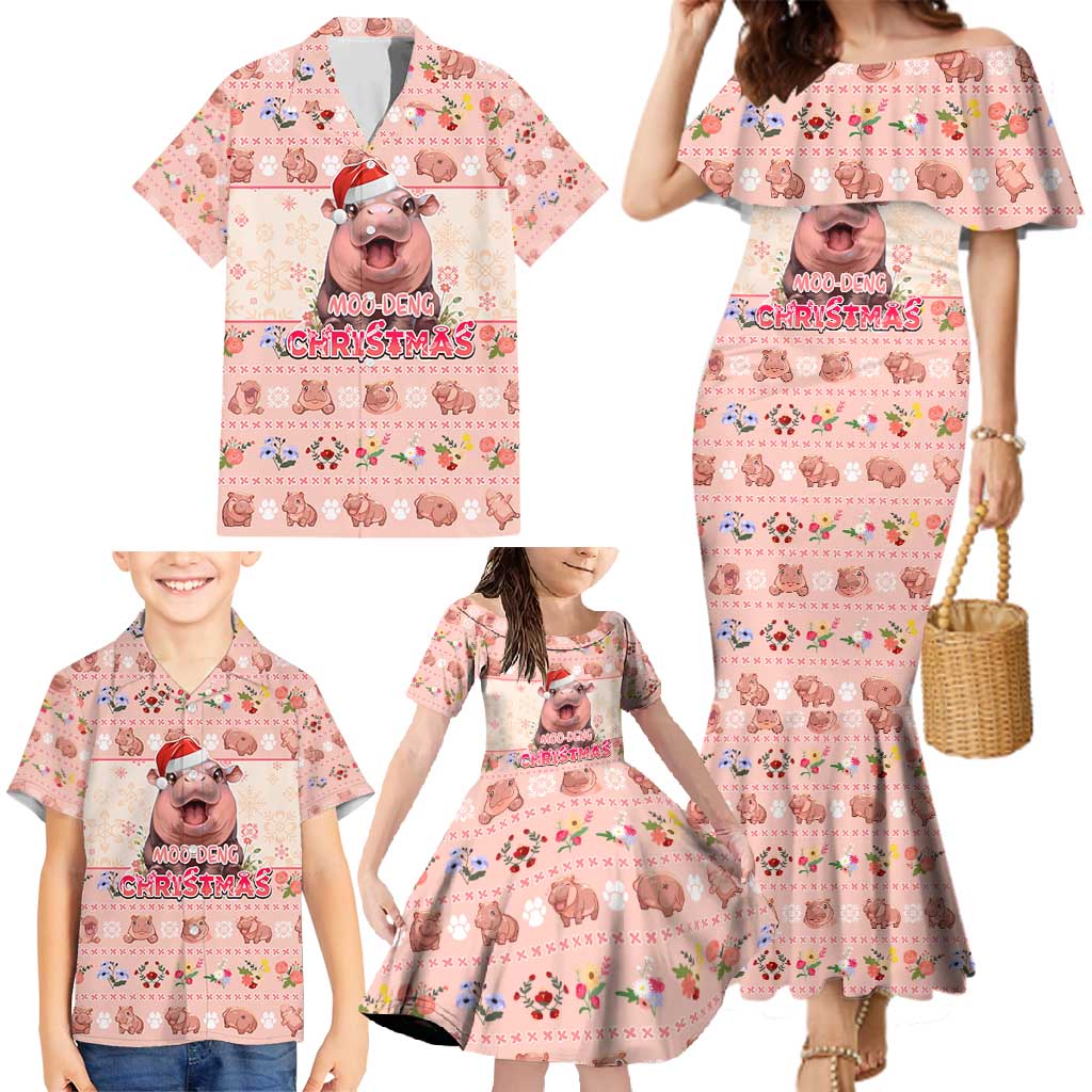 Moodeng Christmas Family Matching Mermaid Dress and Hawaiian Shirt Cute Hippo Holiday with Pastel Floral Festive Vibes - Wonder Print Shop