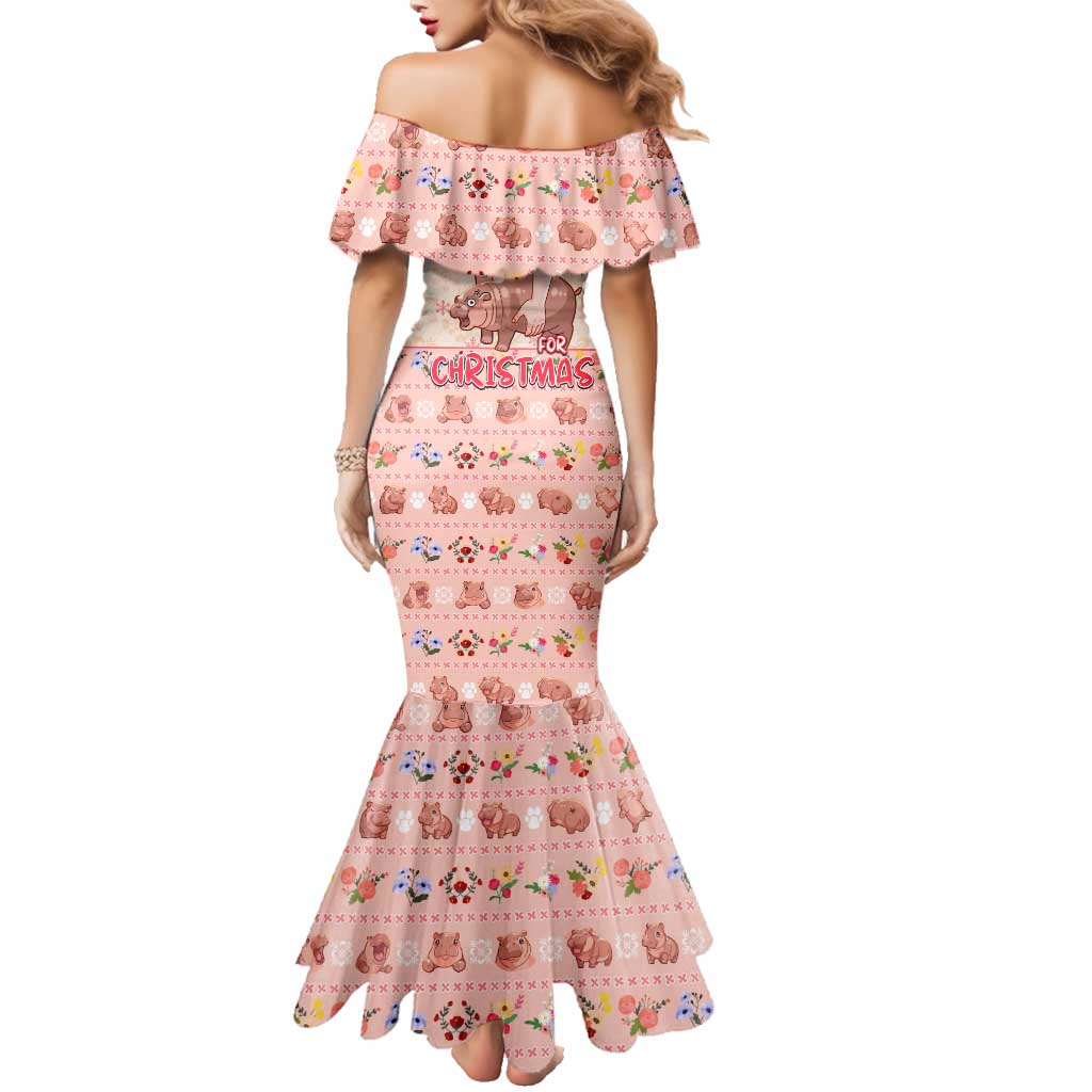 Moodeng Christmas Family Matching Mermaid Dress and Hawaiian Shirt Cute Hippo Holiday with Pastel Floral Festive Vibes - Wonder Print Shop