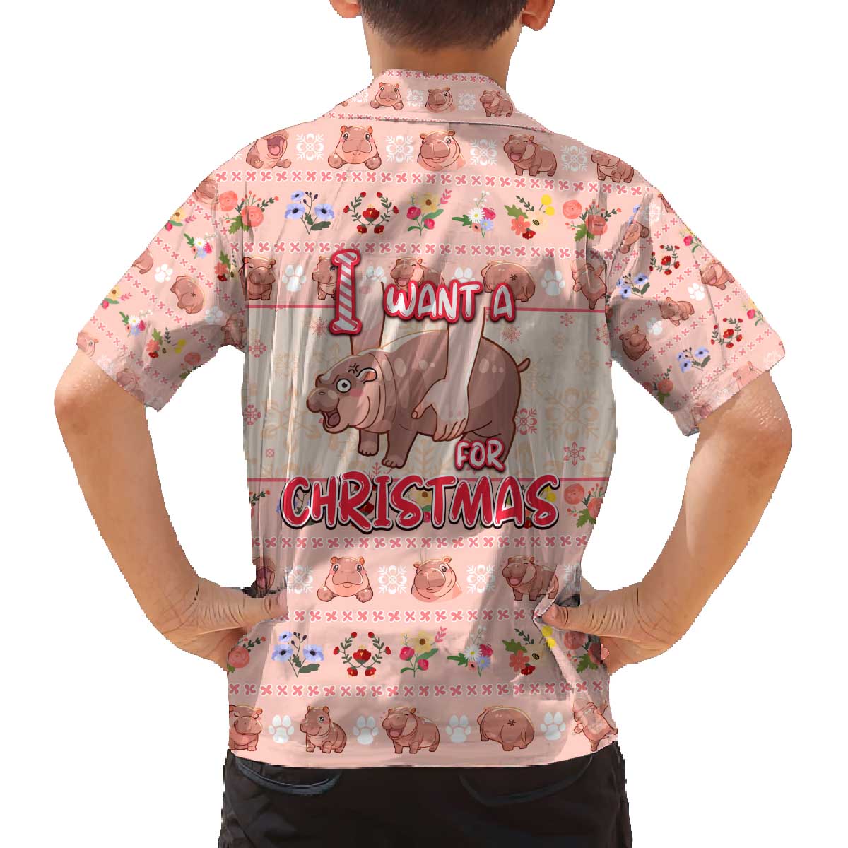 Moodeng Christmas Family Matching Off The Shoulder Long Sleeve Dress and Hawaiian Shirt Cute Hippo Holiday with Pastel Floral Festive Vibes - Wonder Print Shop