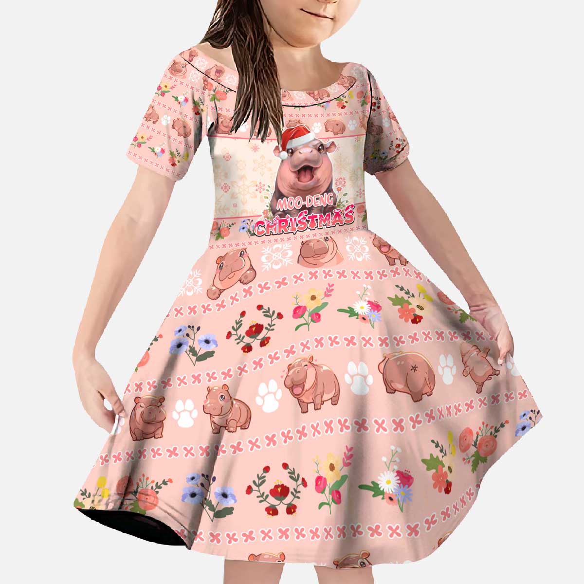 Moodeng Christmas Family Matching Off The Shoulder Long Sleeve Dress and Hawaiian Shirt Cute Hippo Holiday with Pastel Floral Festive Vibes - Wonder Print Shop