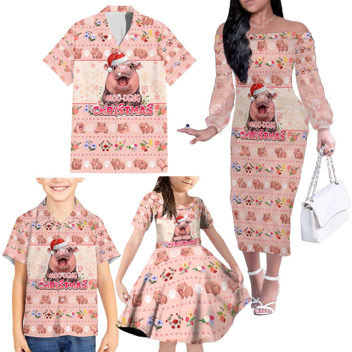 Moodeng Christmas Family Matching Off The Shoulder Long Sleeve Dress and Hawaiian Shirt Cute Hippo Holiday with Pastel Floral Festive Vibes - Wonder Print Shop