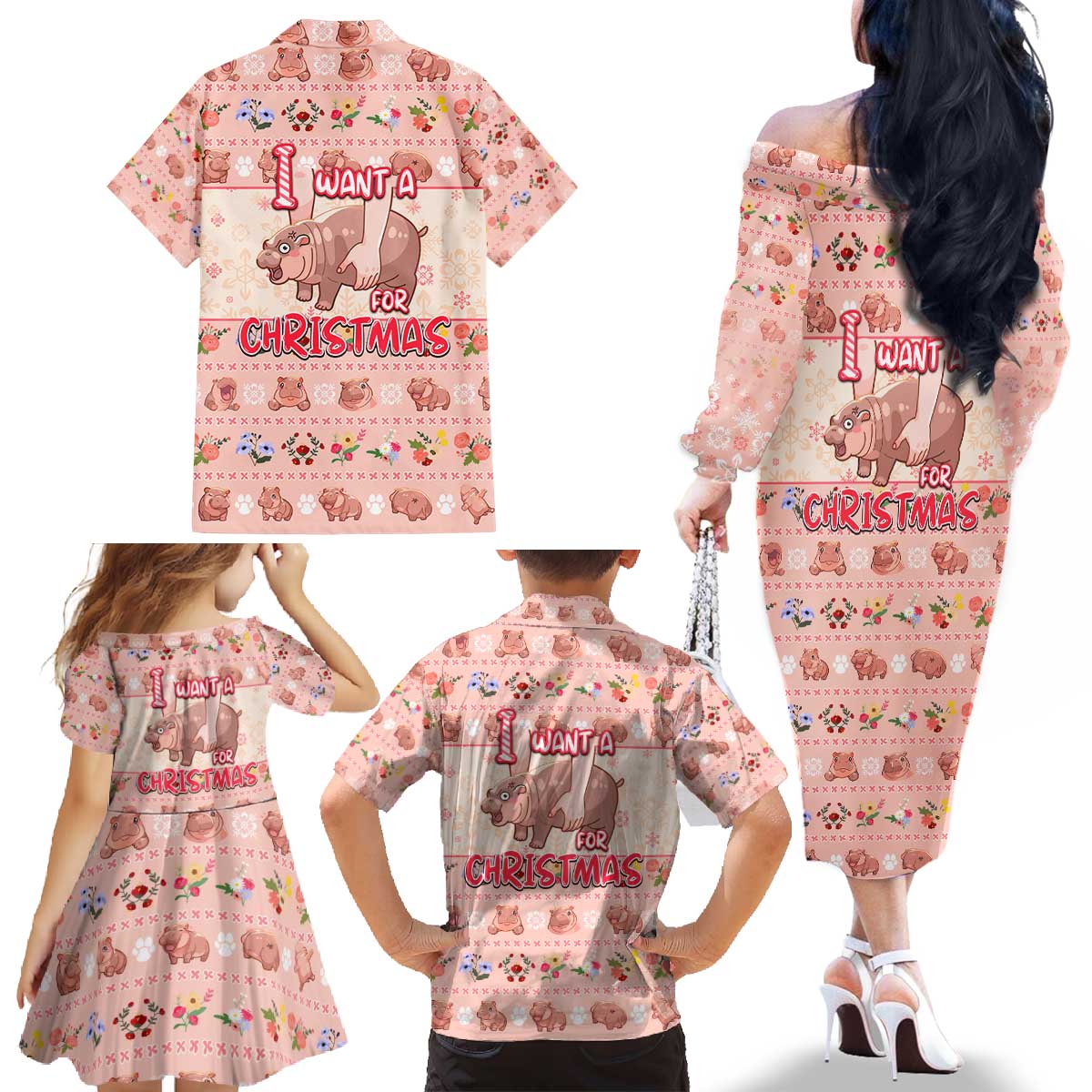 Moodeng Christmas Family Matching Off The Shoulder Long Sleeve Dress and Hawaiian Shirt Cute Hippo Holiday with Pastel Floral Festive Vibes - Wonder Print Shop