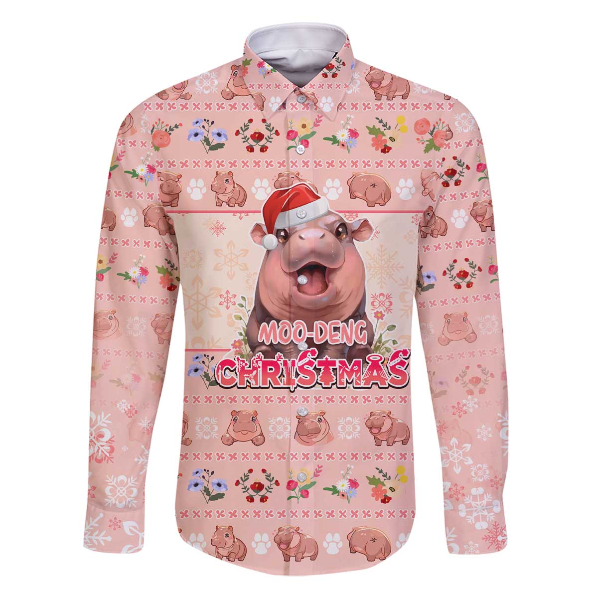 Moodeng Christmas Family Matching Off The Shoulder Long Sleeve Dress and Hawaiian Shirt Cute Hippo Holiday with Pastel Floral Festive Vibes - Wonder Print Shop