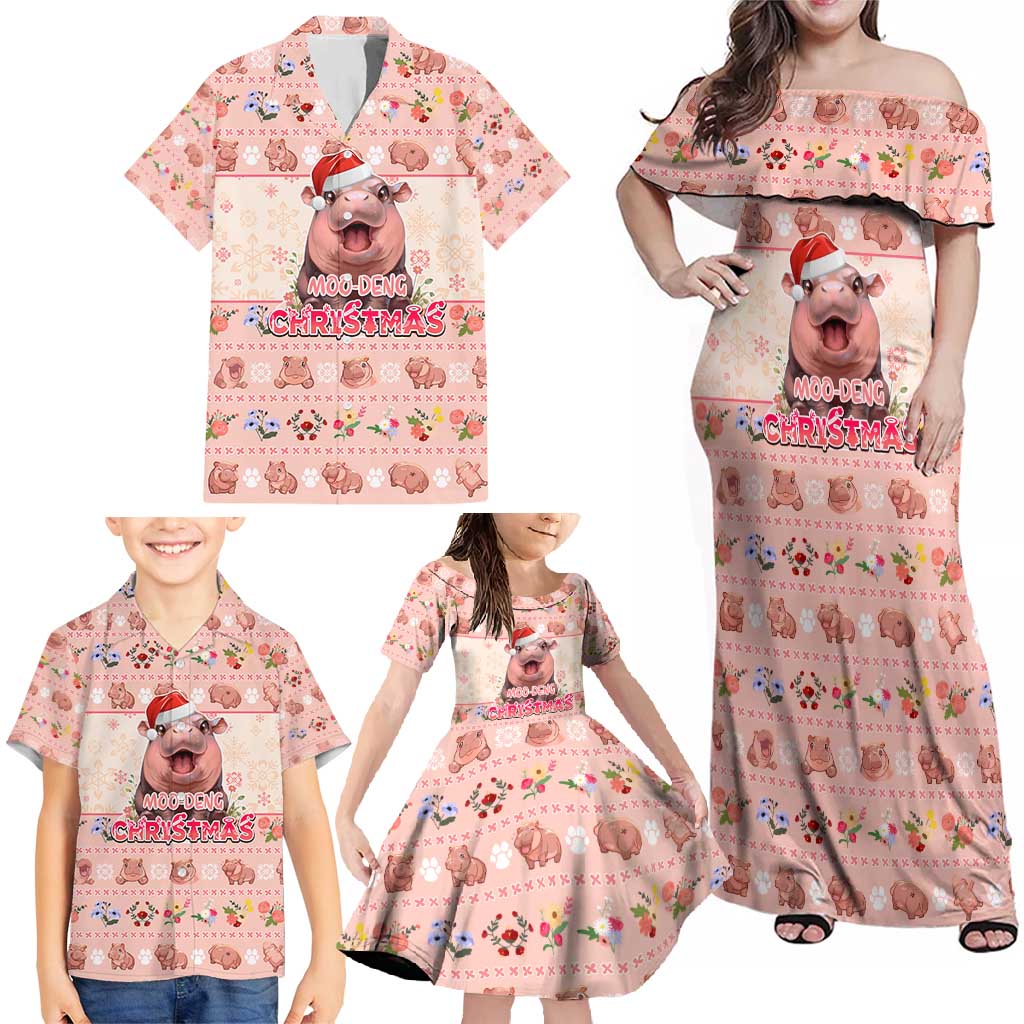 Moodeng Christmas Family Matching Off Shoulder Maxi Dress and Hawaiian Shirt Cute Hippo Holiday with Pastel Floral Festive Vibes - Wonder Print Shop
