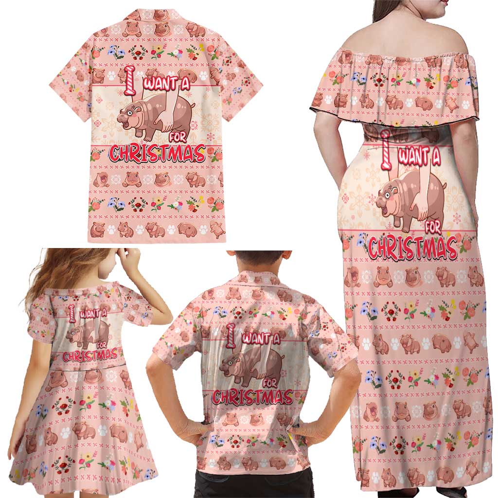 Moodeng Christmas Family Matching Off Shoulder Maxi Dress and Hawaiian Shirt Cute Hippo Holiday with Pastel Floral Festive Vibes - Wonder Print Shop