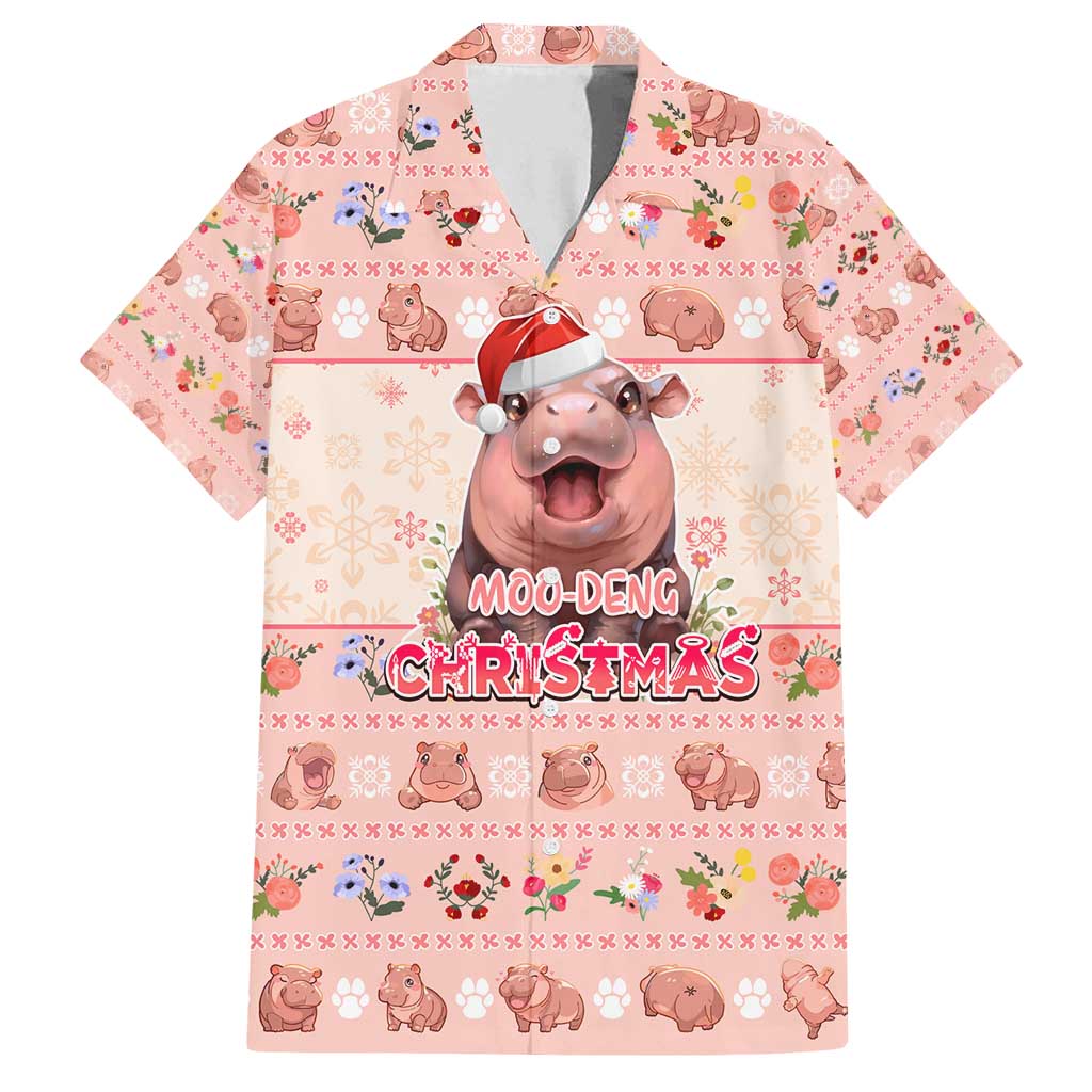 Moodeng Christmas Family Matching Off Shoulder Maxi Dress and Hawaiian Shirt Cute Hippo Holiday with Pastel Floral Festive Vibes - Wonder Print Shop