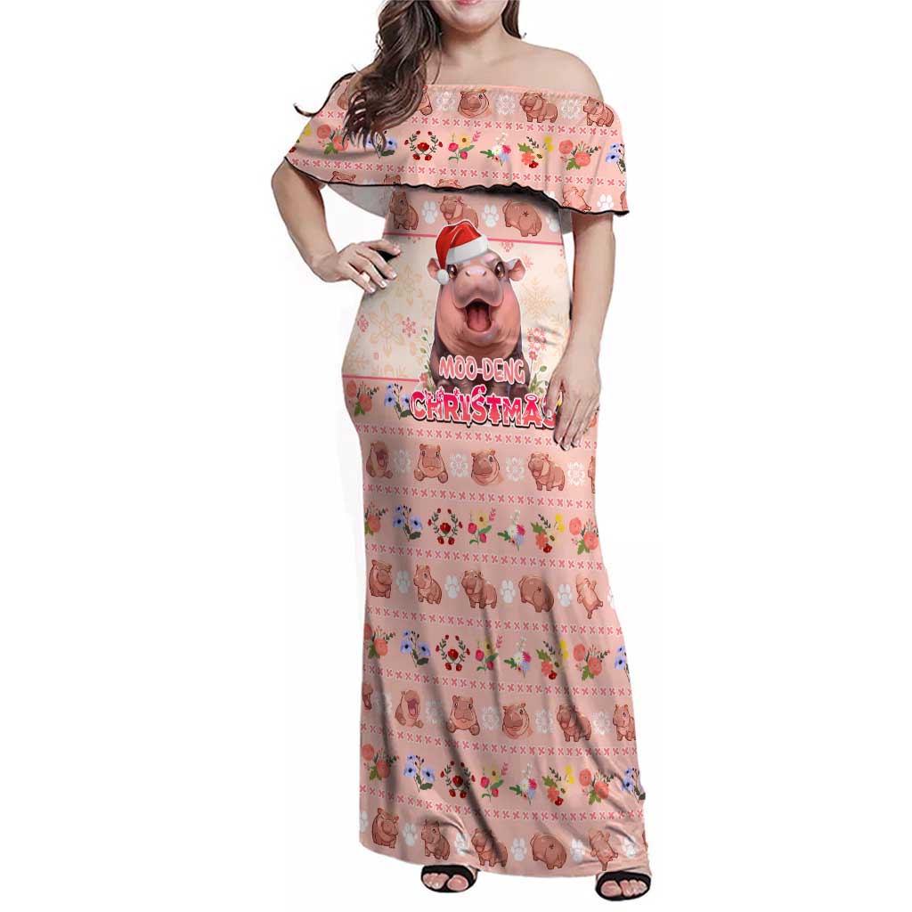 Moodeng Christmas Family Matching Off Shoulder Maxi Dress and Hawaiian Shirt Cute Hippo Holiday with Pastel Floral Festive Vibes - Wonder Print Shop