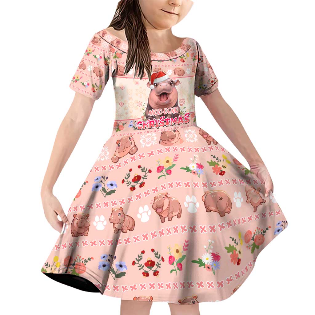 Moodeng Christmas Family Matching Off Shoulder Short Dress and Hawaiian Shirt Cute Hippo Holiday with Pastel Floral Festive Vibes - Wonder Print Shop