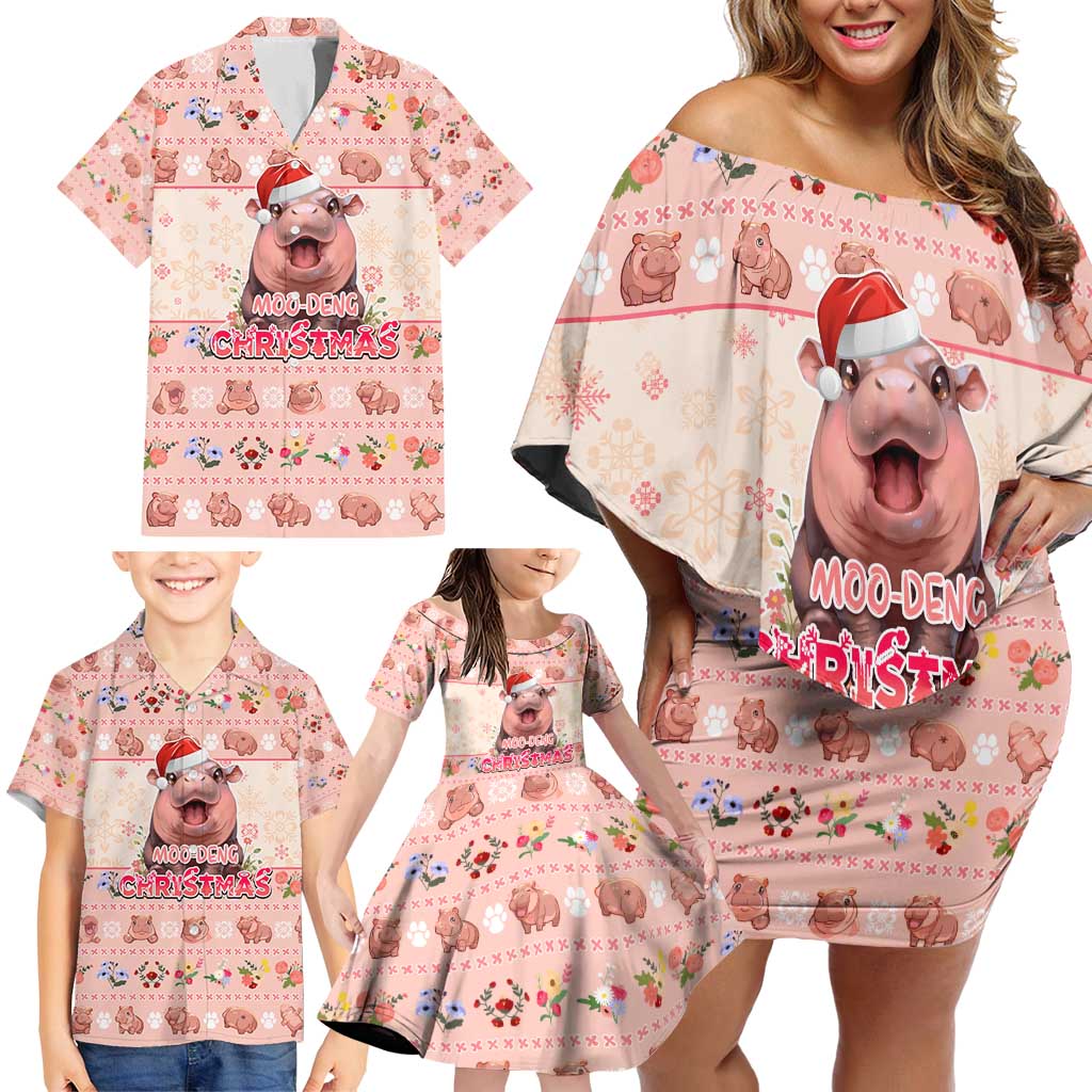Moodeng Christmas Family Matching Off Shoulder Short Dress and Hawaiian Shirt Cute Hippo Holiday with Pastel Floral Festive Vibes - Wonder Print Shop