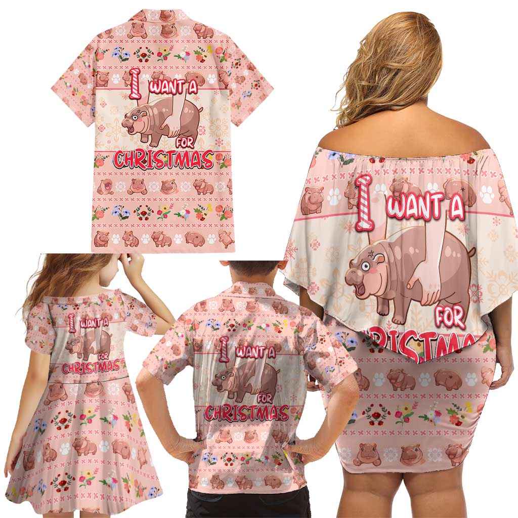 Moodeng Christmas Family Matching Off Shoulder Short Dress and Hawaiian Shirt Cute Hippo Holiday with Pastel Floral Festive Vibes - Wonder Print Shop