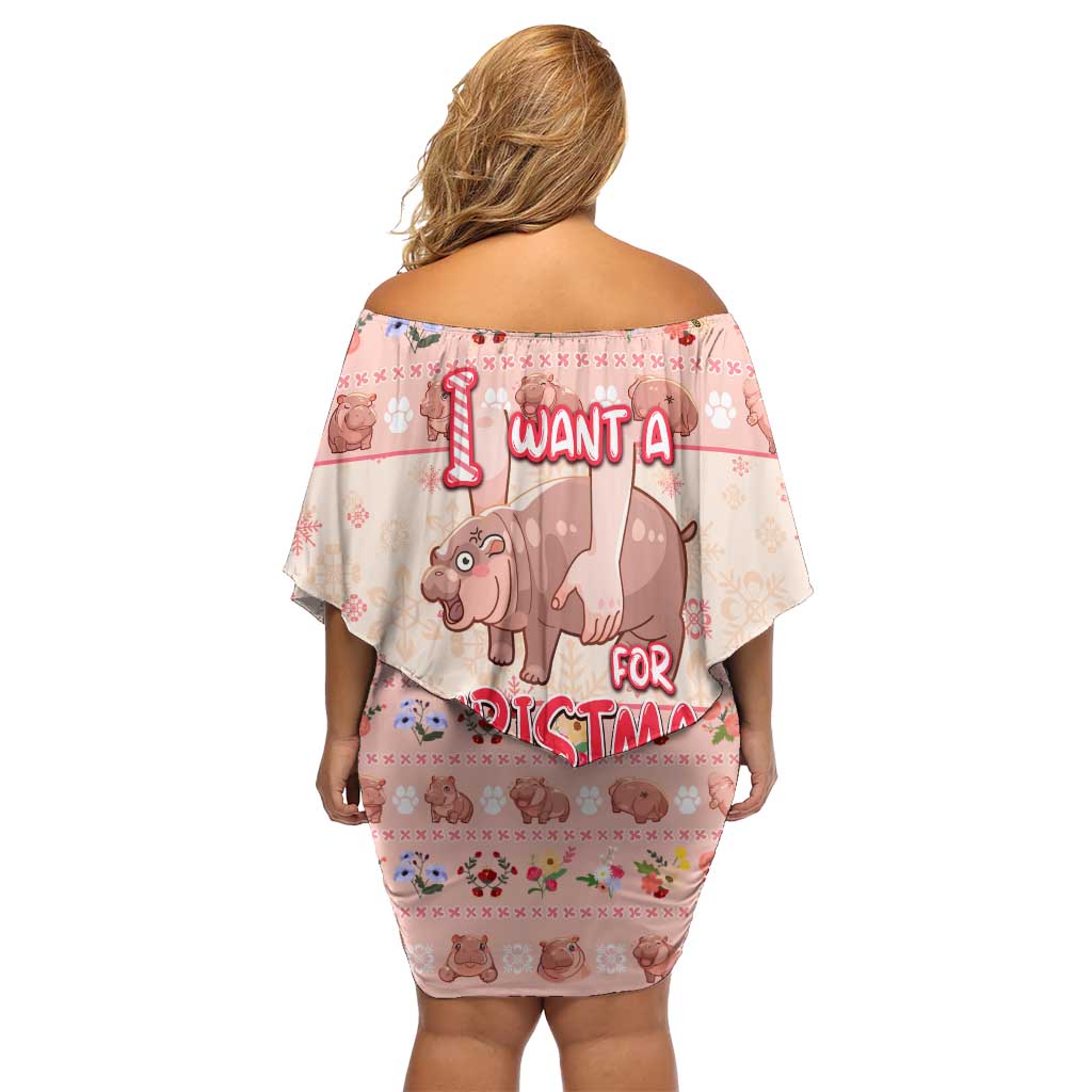 Moodeng Christmas Family Matching Off Shoulder Short Dress and Hawaiian Shirt Cute Hippo Holiday with Pastel Floral Festive Vibes - Wonder Print Shop