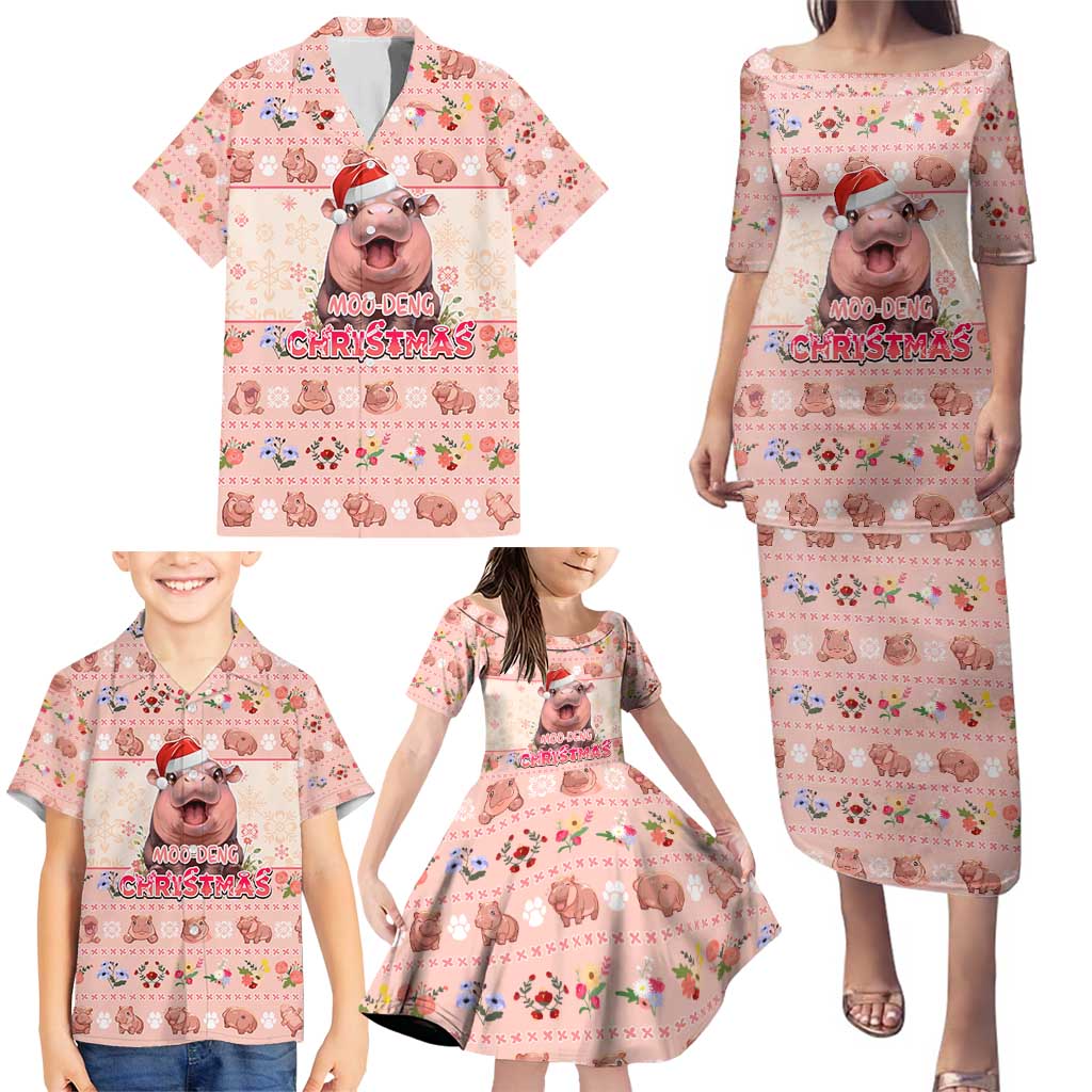 Moodeng Christmas Family Matching Puletasi and Hawaiian Shirt Cute Hippo Holiday with Pastel Floral Festive Vibes - Wonder Print Shop