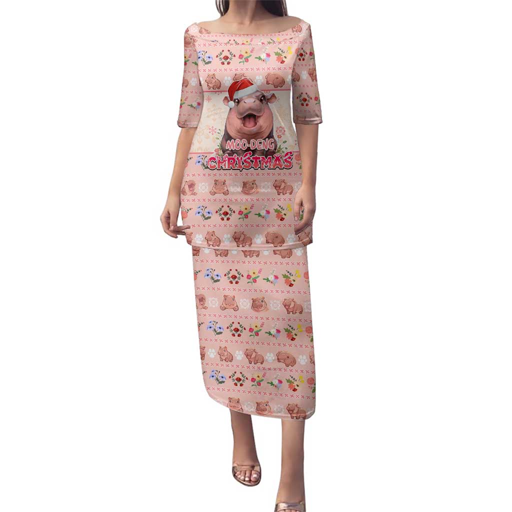 Moodeng Christmas Family Matching Puletasi and Hawaiian Shirt Cute Hippo Holiday with Pastel Floral Festive Vibes - Wonder Print Shop
