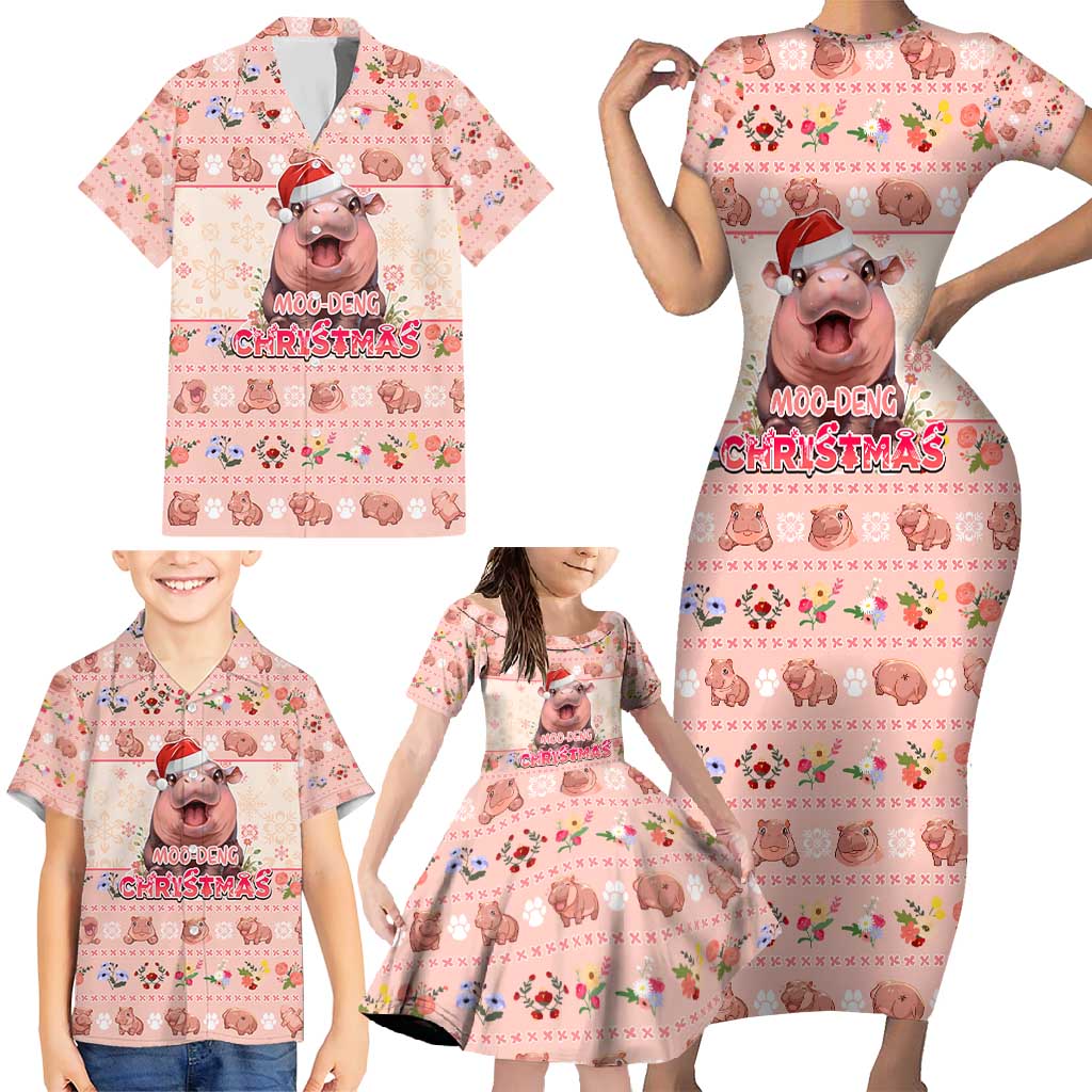 Moodeng Christmas Family Matching Short Sleeve Bodycon Dress and Hawaiian Shirt Cute Hippo Holiday with Pastel Floral Festive Vibes - Wonder Print Shop