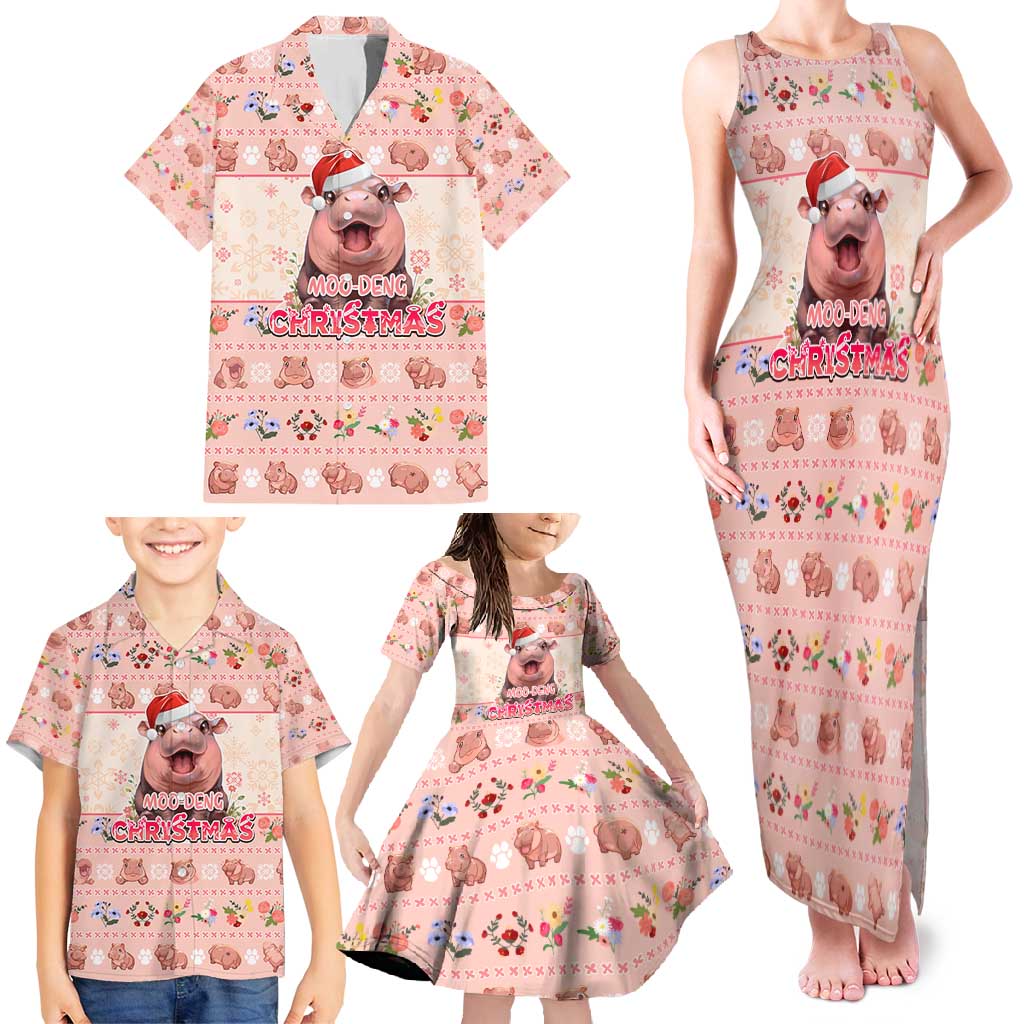 Moodeng Christmas Family Matching Tank Maxi Dress and Hawaiian Shirt Cute Hippo Holiday with Pastel Floral Festive Vibes - Wonder Print Shop