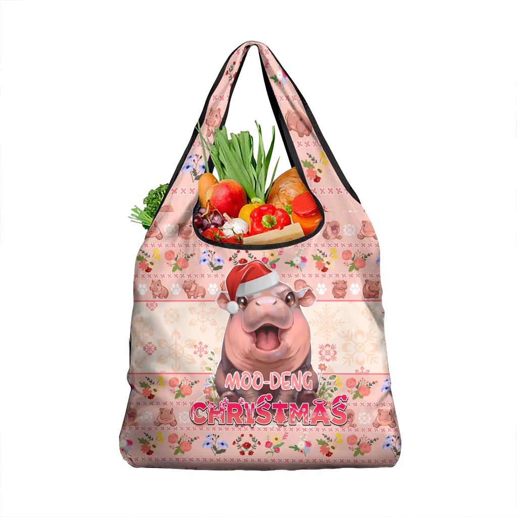 Moodeng Christmas Grocery Bag Cute Hippo Holiday with Pastel Floral Festive Vibes - Wonder Print Shop