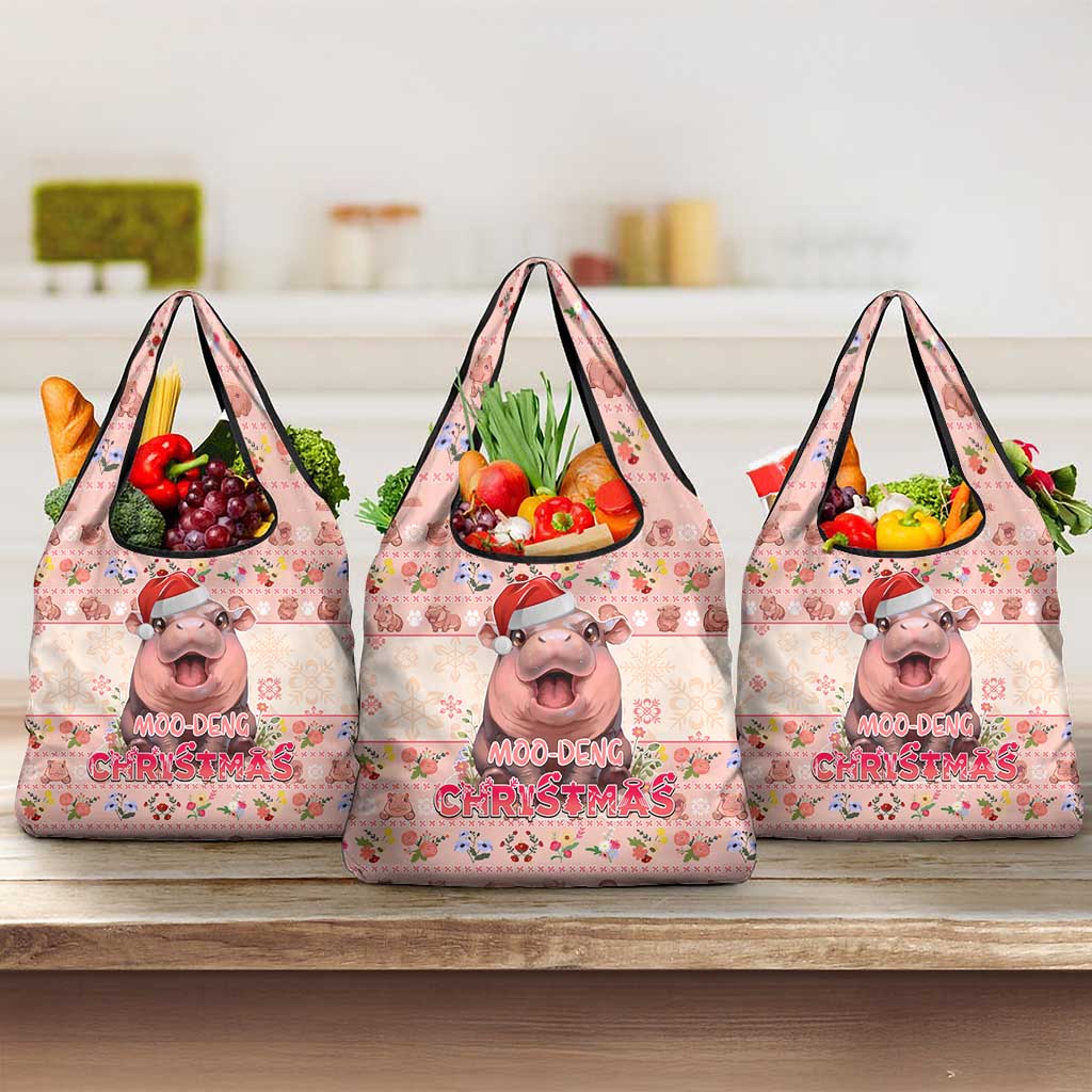 Moodeng Christmas Grocery Bag Cute Hippo Holiday with Pastel Floral Festive Vibes - Wonder Print Shop