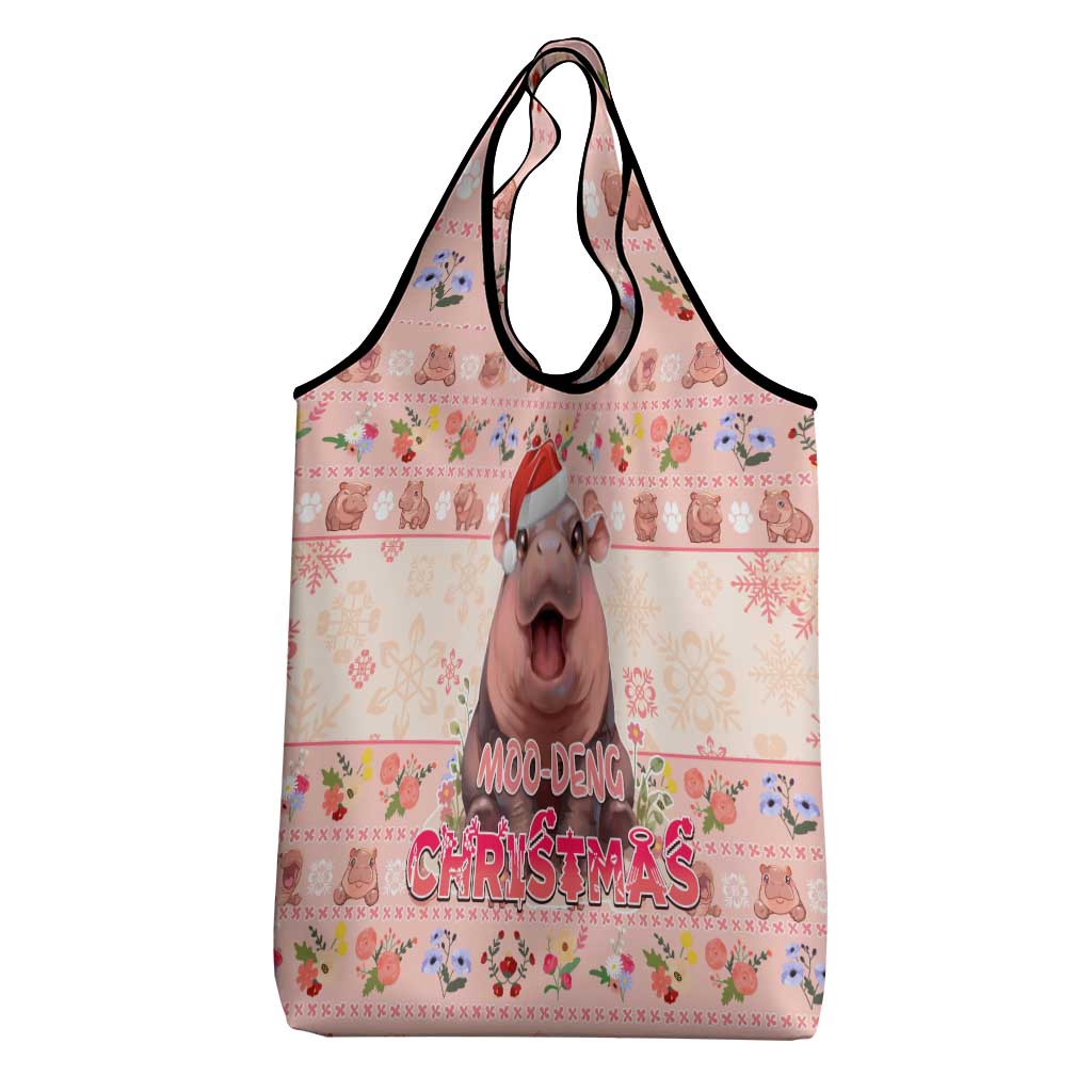 Moodeng Christmas Grocery Bag Cute Hippo Holiday with Pastel Floral Festive Vibes - Wonder Print Shop