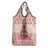 Moodeng Christmas Grocery Bag Cute Hippo Holiday with Pastel Floral Festive Vibes - Wonder Print Shop