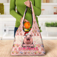 Moodeng Christmas Grocery Bag Cute Hippo Holiday with Pastel Floral Festive Vibes - Wonder Print Shop
