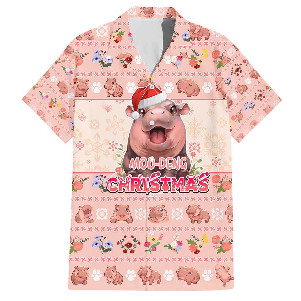 Moodeng Christmas Hawaiian Shirt Cute Hippo Holiday with Pastel Floral Festive Vibes - Wonder Print Shop