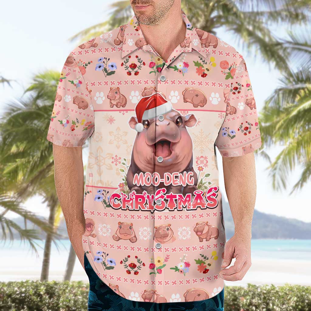 Moodeng Christmas Hawaiian Shirt Cute Hippo Holiday with Pastel Floral Festive Vibes - Wonder Print Shop