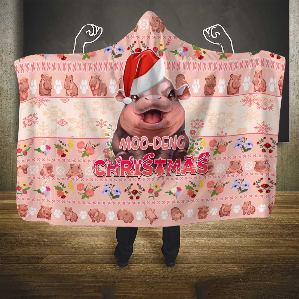 Moodeng Christmas Hooded Blanket Cute Hippo Holiday with Pastel Floral Festive Vibes - Wonder Print Shop