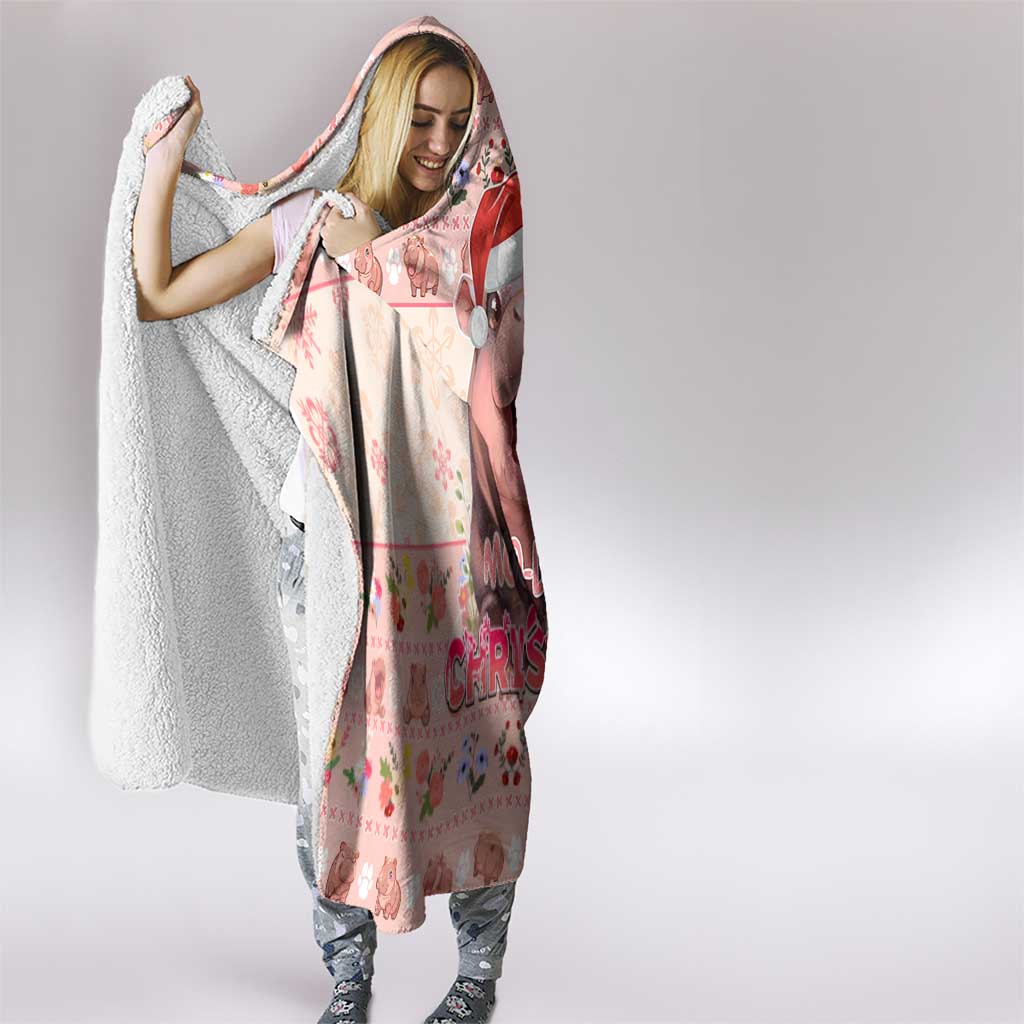 Moodeng Christmas Hooded Blanket Cute Hippo Holiday with Pastel Floral Festive Vibes - Wonder Print Shop