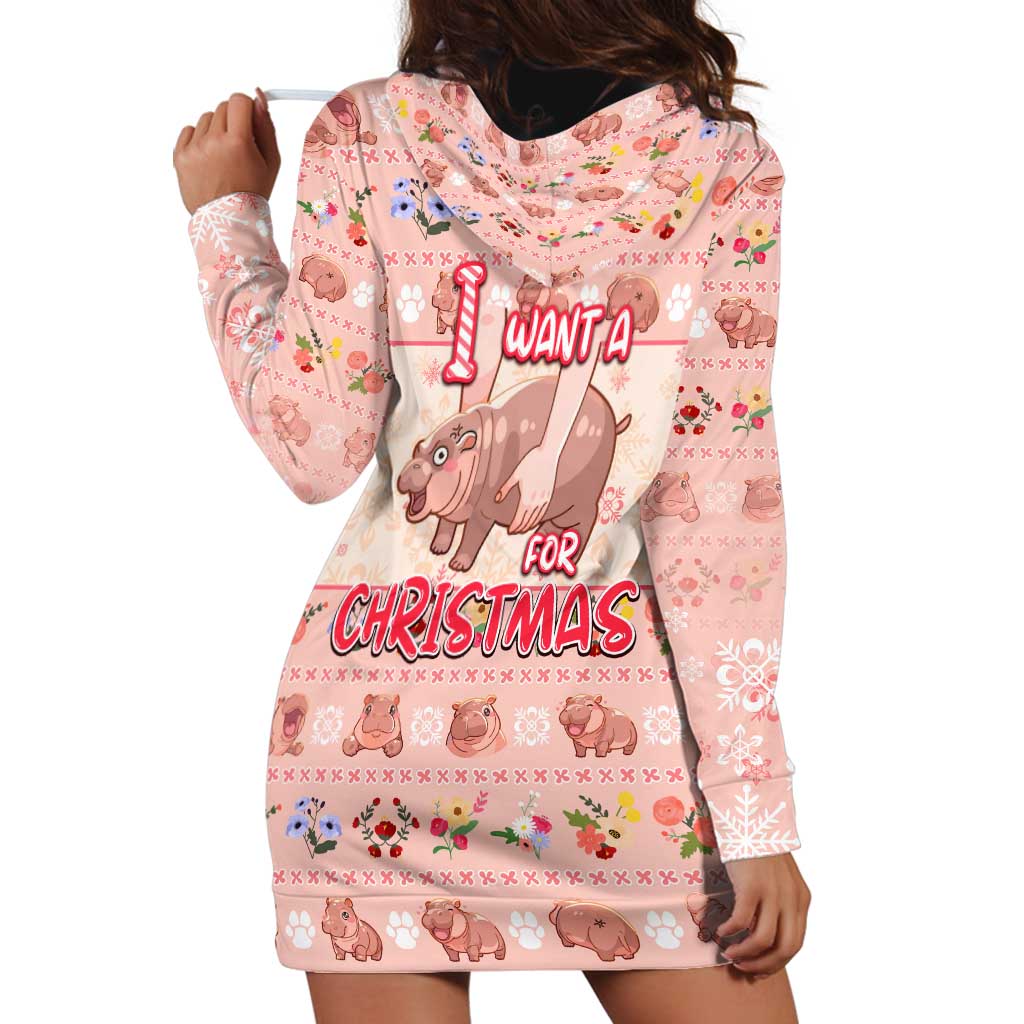 Moodeng Christmas Hoodie Dress Cute Hippo Holiday with Pastel Floral Festive Vibes - Wonder Print Shop