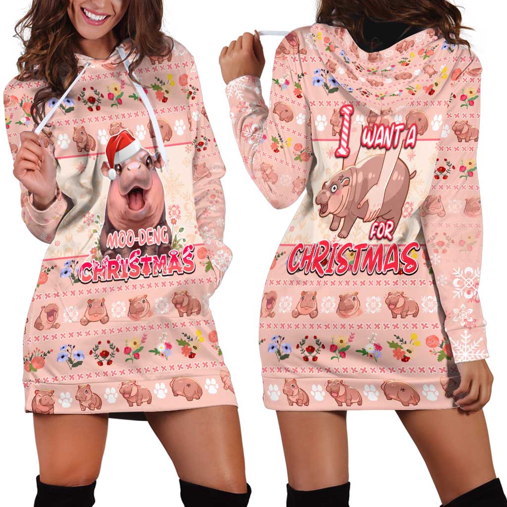 Moodeng Christmas Hoodie Dress Cute Hippo Holiday with Pastel Floral Festive Vibes - Wonder Print Shop