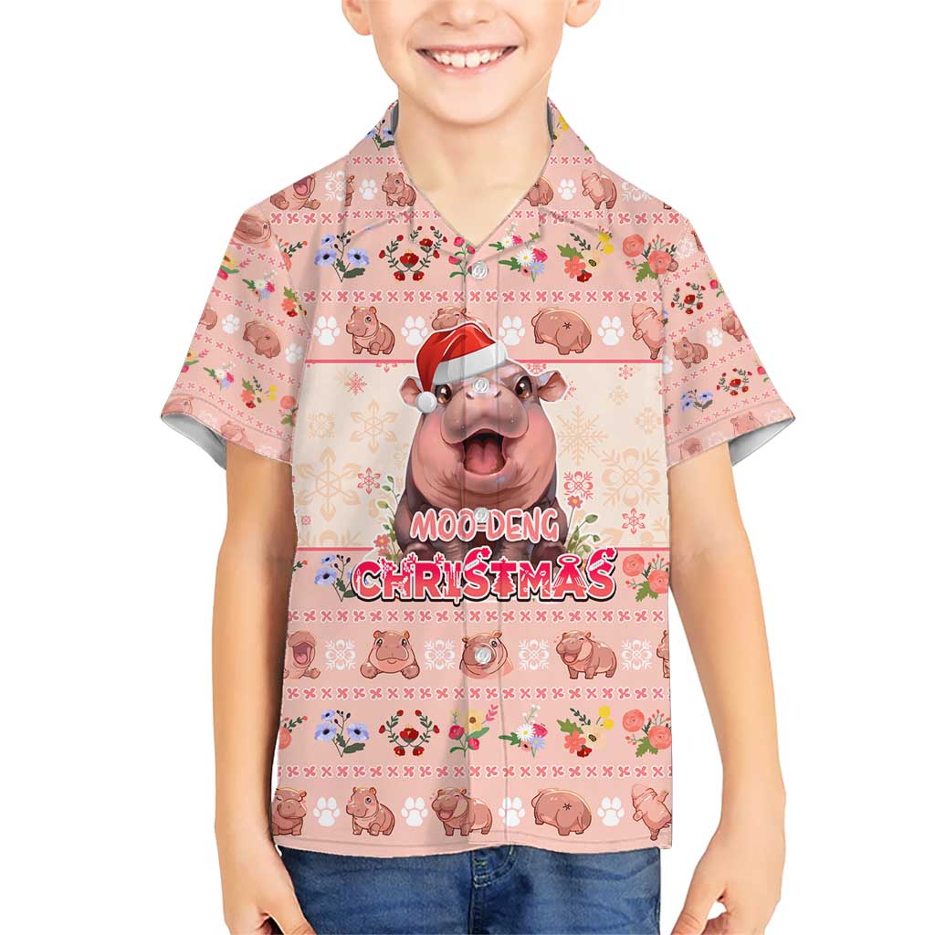 Moodeng Christmas Kid Hawaiian Shirt Cute Hippo Holiday with Pastel Floral Festive Vibes - Wonder Print Shop