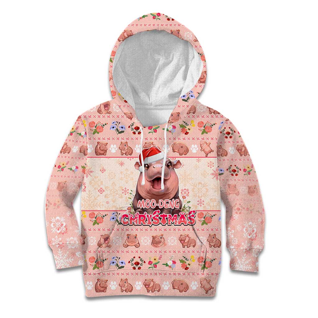 Moodeng Christmas Kid Hoodie Cute Hippo Holiday with Pastel Floral Festive Vibes - Wonder Print Shop