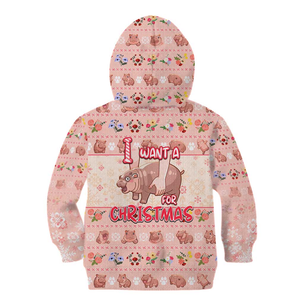Moodeng Christmas Kid Hoodie Cute Hippo Holiday with Pastel Floral Festive Vibes - Wonder Print Shop