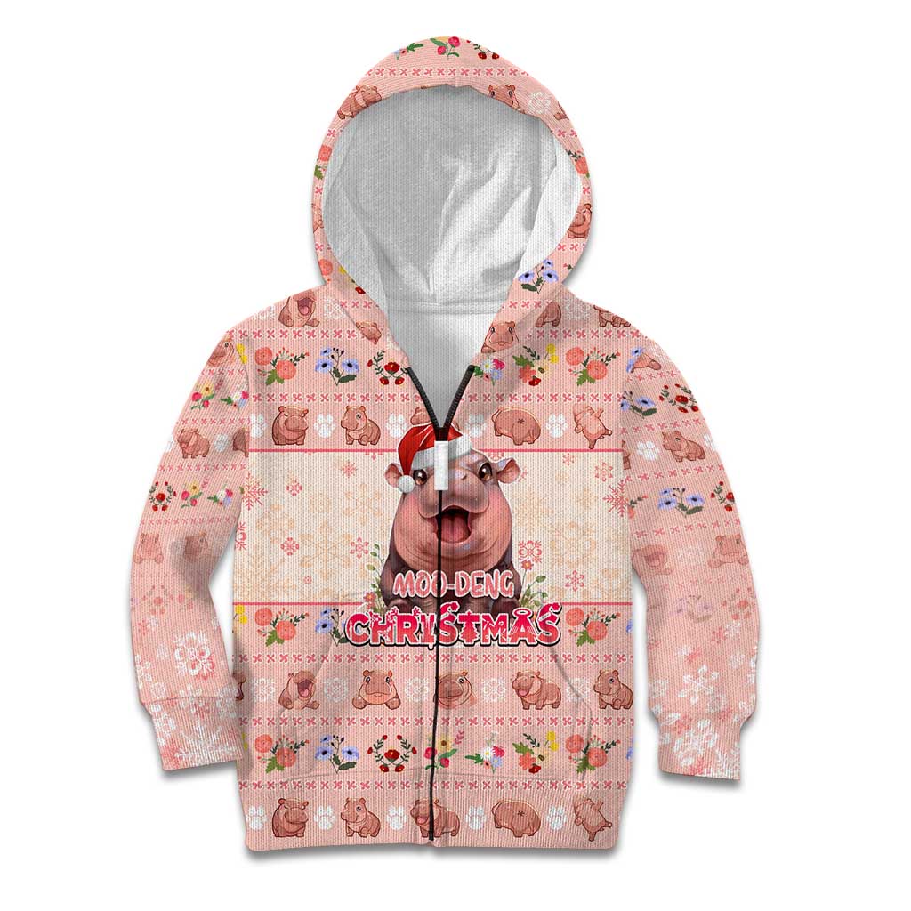 Moodeng Christmas Kid Hoodie Cute Hippo Holiday with Pastel Floral Festive Vibes - Wonder Print Shop