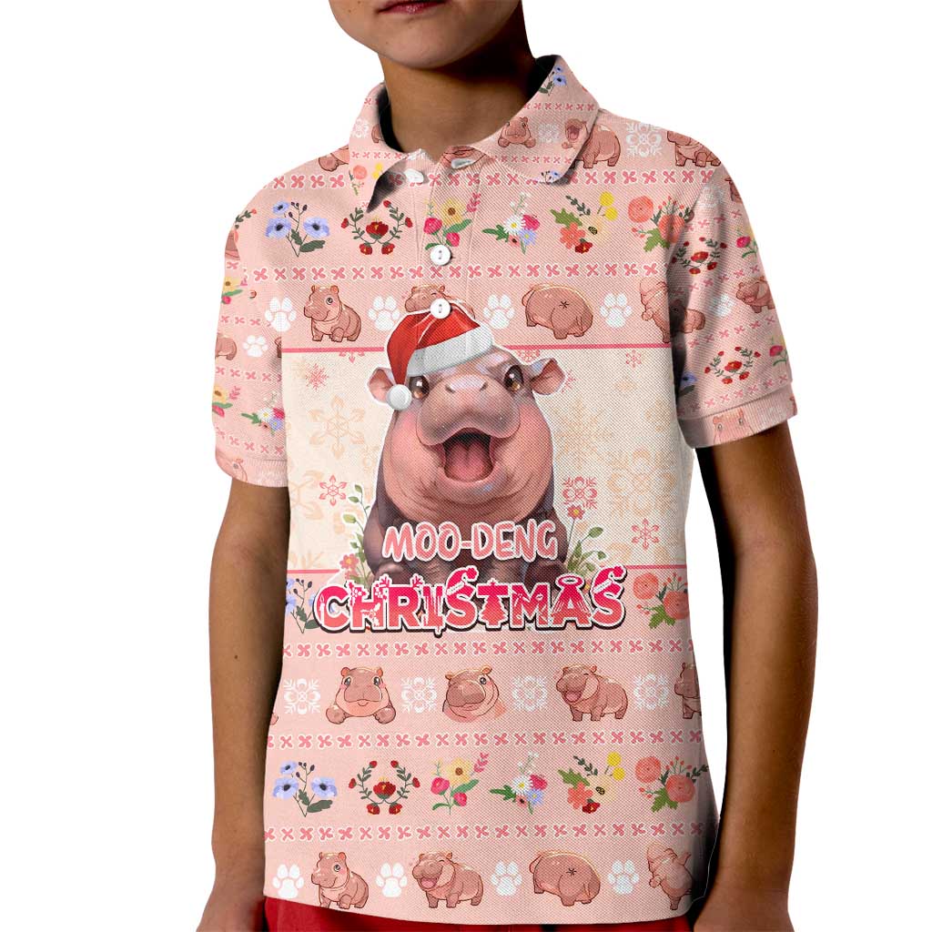 Moodeng Christmas Kid Polo Shirt Cute Hippo Holiday with Pastel Floral Festive Vibes - Wonder Print Shop