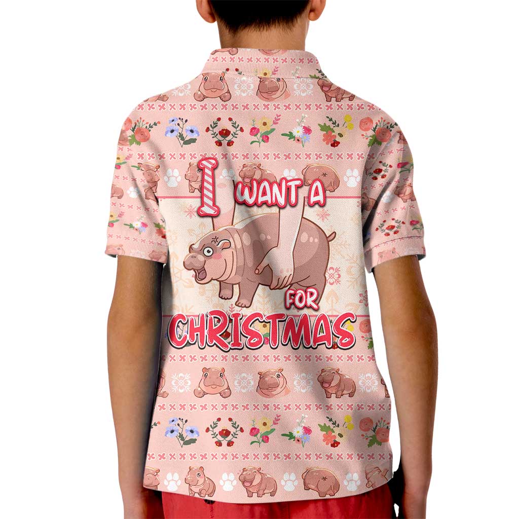 Moodeng Christmas Kid Polo Shirt Cute Hippo Holiday with Pastel Floral Festive Vibes - Wonder Print Shop