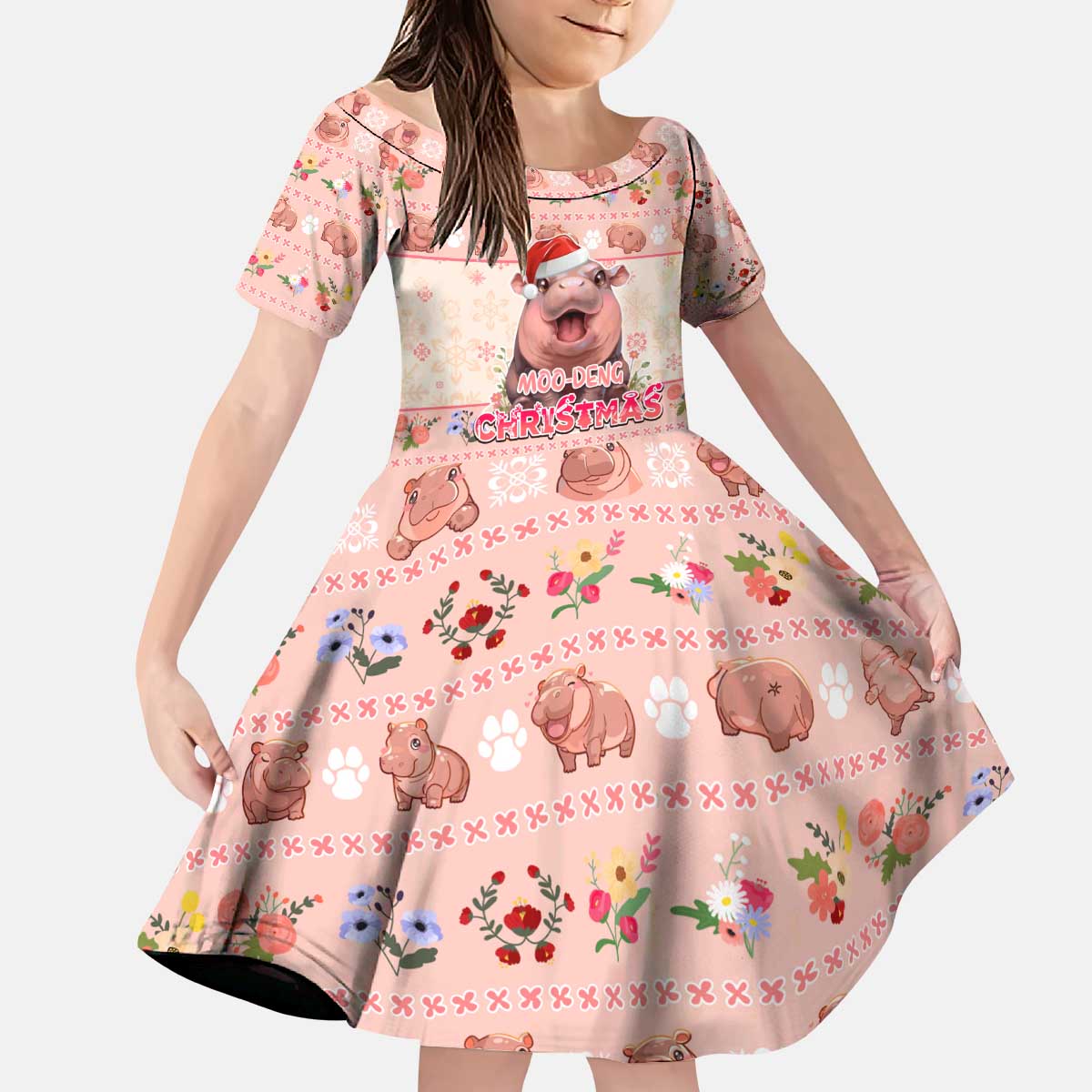 Moodeng Christmas Kid Short Sleeve Dress Cute Hippo Holiday with Pastel Floral Festive Vibes - Wonder Print Shop