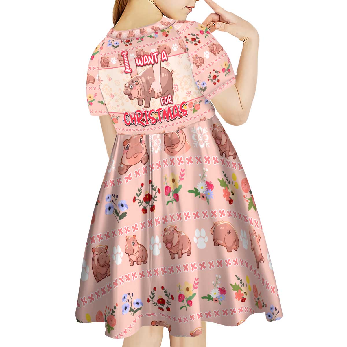 Moodeng Christmas Kid Short Sleeve Dress Cute Hippo Holiday with Pastel Floral Festive Vibes - Wonder Print Shop