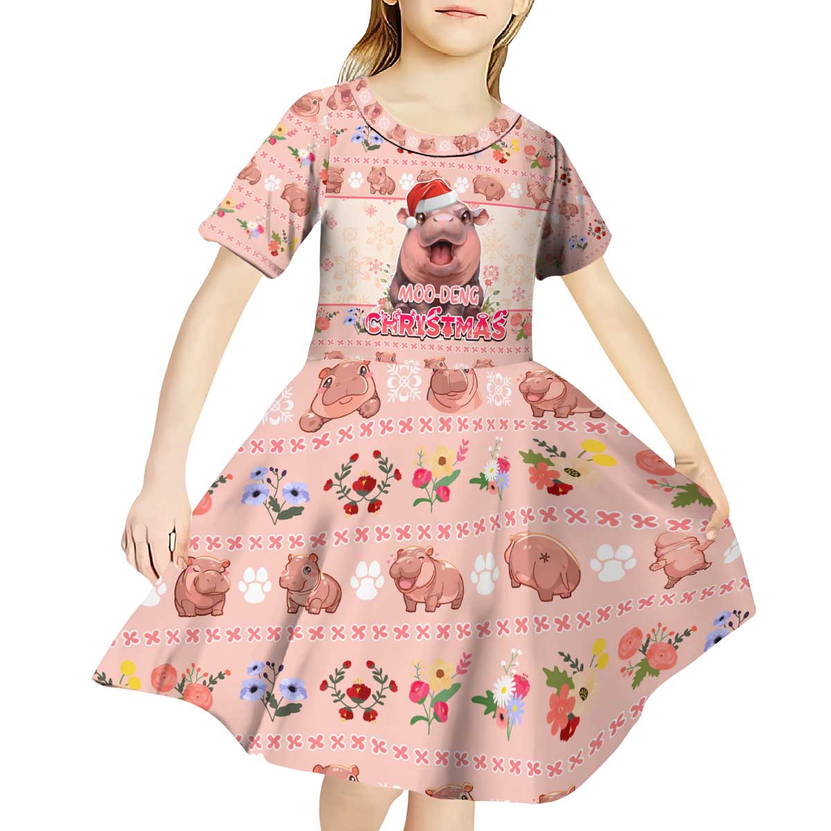 Moodeng Christmas Kid Short Sleeve Dress Cute Hippo Holiday with Pastel Floral Festive Vibes - Wonder Print Shop