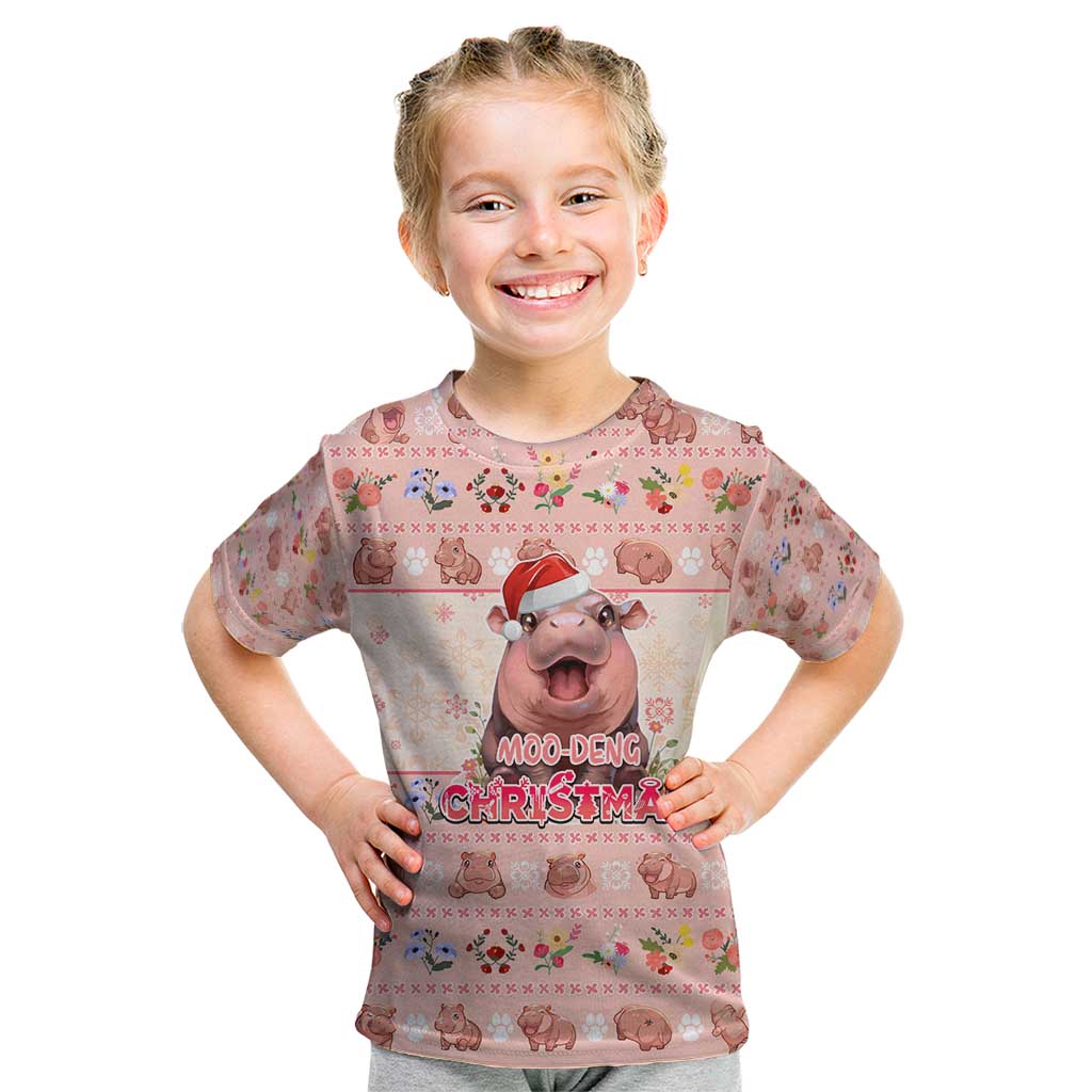 Moodeng Christmas Kid T Shirt Cute Hippo Holiday with Pastel Floral Festive Vibes - Wonder Print Shop